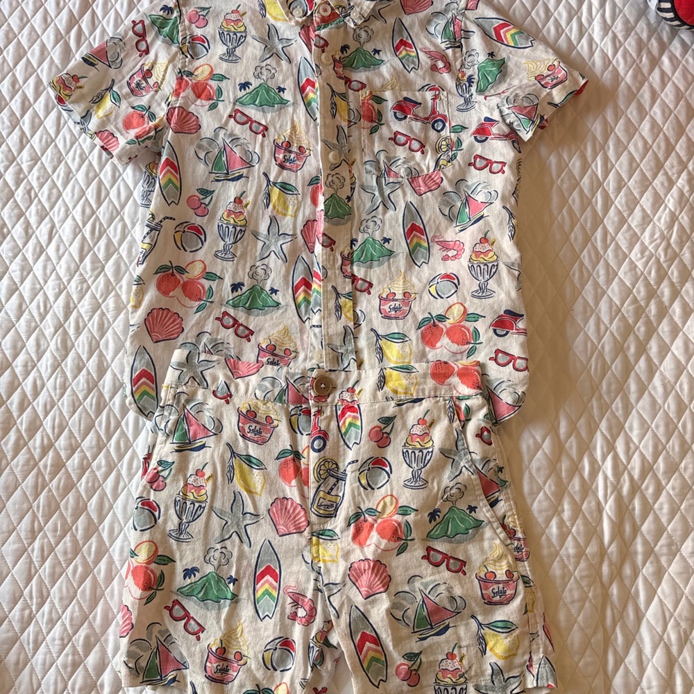 Mini Boden White Cotton Top with Red, Blue, Yellow and Green Print